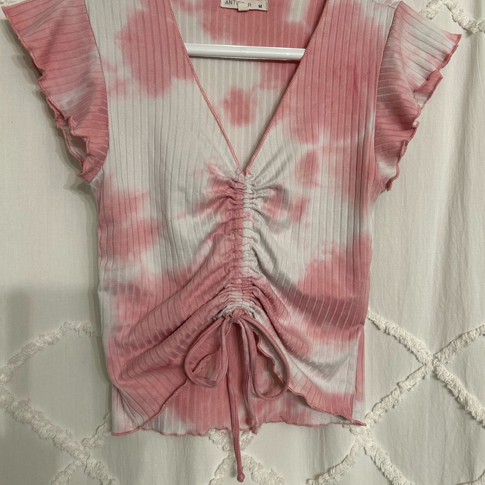 Anthropologie Pink Tie-Dye Ruched Top